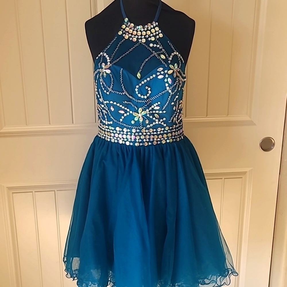 Musever Teal Halter Beaded Mini Dress size 8 - Picture 1 of 7